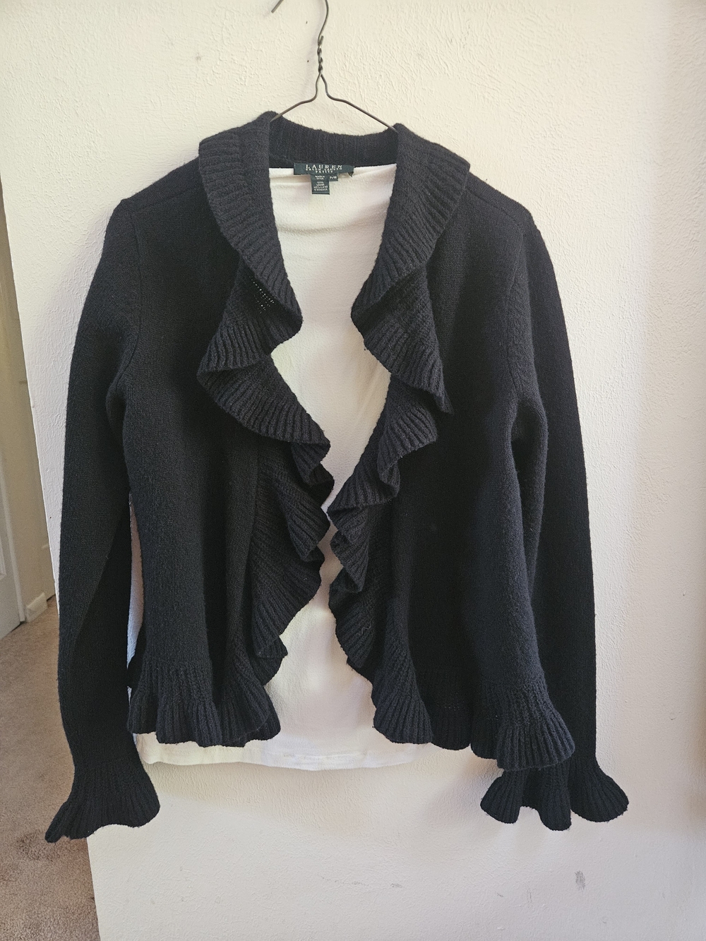 Ralph Lauren 100% Lambswool Vintage Black Ruffle-Trim Open Cardigan Sweater
